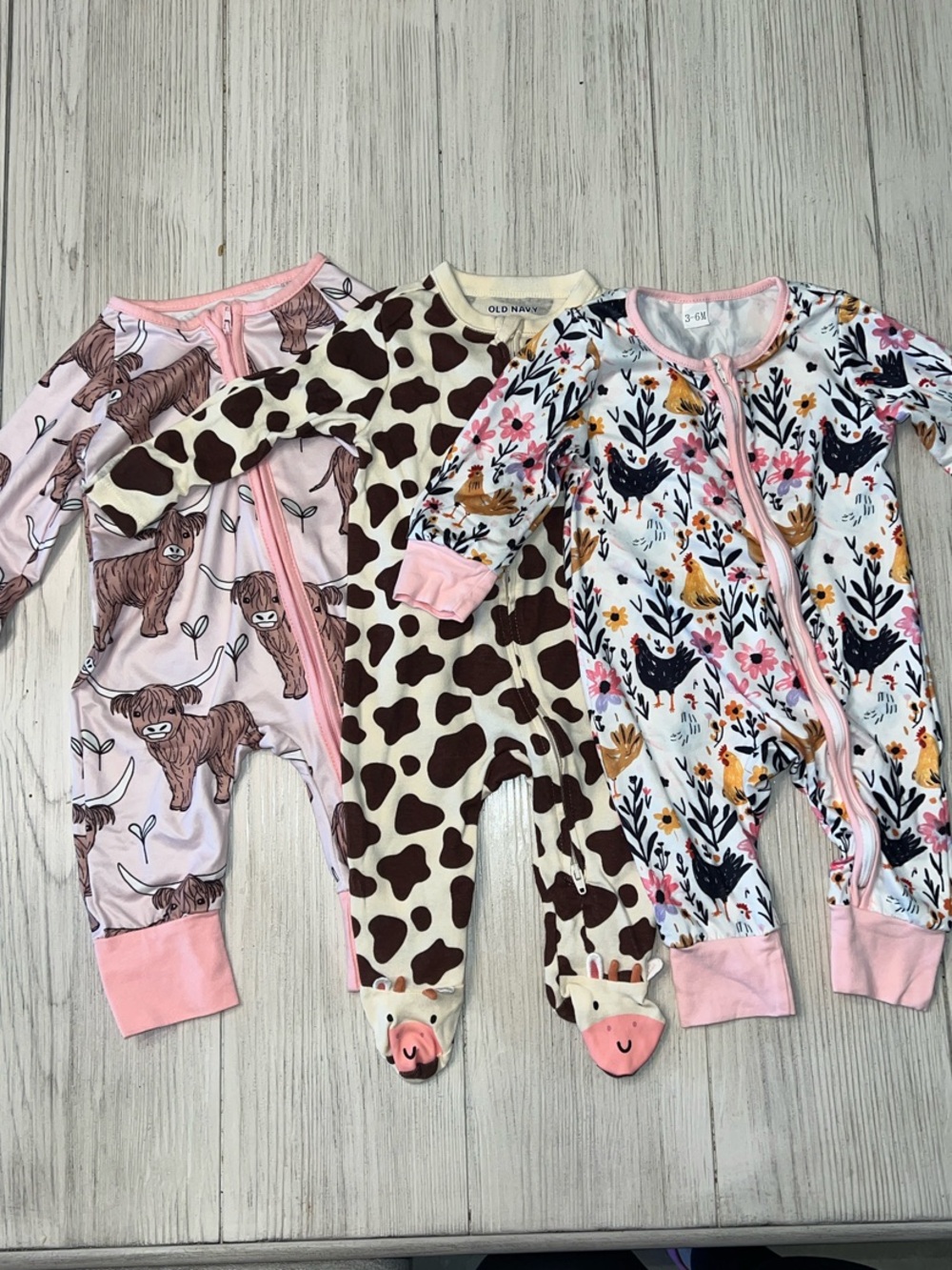 Set of 3 Farmhouse Zippies, 3-6M